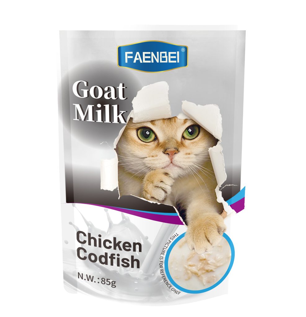 پوچ گربه فنبی با طعم مرغ و کادفیش در شیر بز